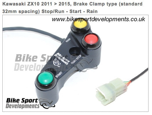 Kawasaki ZX10 2011 to 2015 - 3 way 'Type X' Brake pump mount 32mm in-line bolts - race bike handlebar switch assembly - Stop/Run Start Rain